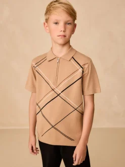 Argyle brun fauve - Polos tricotés à col zippé (3-16yrs)