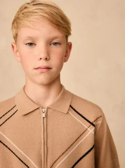 Argyle brun fauve - Polos tricotés à col zippé (3-16yrs)