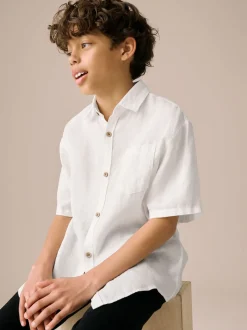 Blanc - Chemise manches courtes 100% lin (3-16ans)