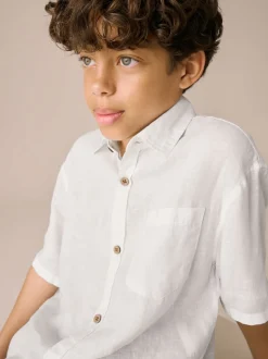 Blanc - Chemise manches courtes 100% lin (3-16ans)