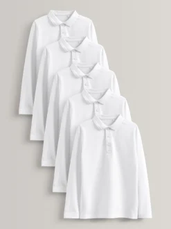 Blanc - Polos scolaires 100% coton à manches longues Lot de 5 (3-16ans)