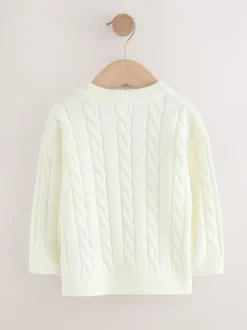 Blanc écru - Pull col rond en maille torsadée (3mois-7ans)