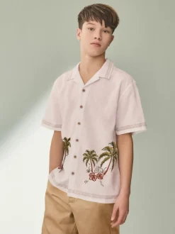 Blanc imprimé palmiers - Chemise à manches courtes avec col Revere (3-16ans)