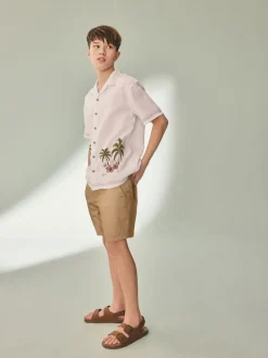 Blanc imprimé palmiers - Chemise à manches courtes avec col Revere (3-16ans)