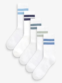 Blanc/Bleu - Cushioned Semelle intérieure Cotton Rich Ribbed Tipped Chaussettes 5 Lot