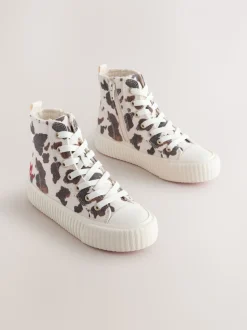 Blanc/marron imprimé vache - À lacets High Top Trainers