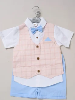 Bleu - Chemise Little Gent 100% coton avec gilet simulé et ensemble nœud papillon