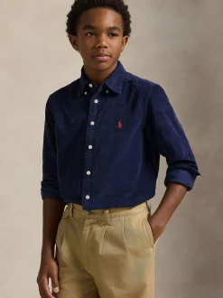 Bleu - Chemise Polo Ralph Lauren garçon en velours côtelé