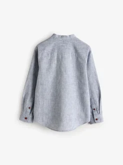 Bleu - Chemise texturée en coton et lin à manches longues et col grand-père (3-16ans)