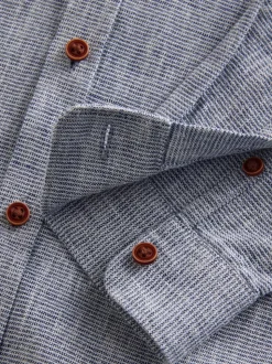 Bleu - Chemise texturée en coton et lin à manches longues et col grand-père (3-16ans)