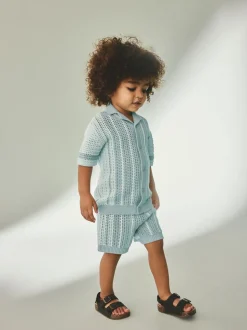 Bleu - Ensemble Chemises et shorts Manches courtes en tricot crocheté (3mths-10yrs)