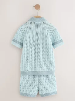 Bleu - Ensemble Chemises et shorts Manches courtes en tricot crocheté (3mths-10yrs)