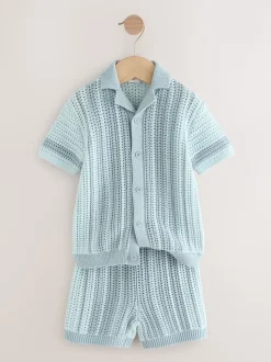 Bleu - Ensemble Chemises et shorts Manches courtes en tricot crocheté (3mths-10yrs)