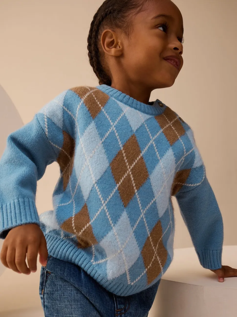 Bleu à losanges - Pull en coton à col rond en maille (3mois -7ans)
