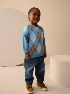 Bleu à losanges - Pull en coton à col rond en maille (3mois -7ans)