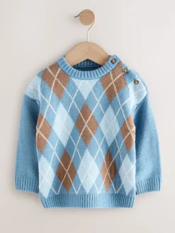Bleu à losanges - Pull en coton à col rond en maille (3mois -7ans)