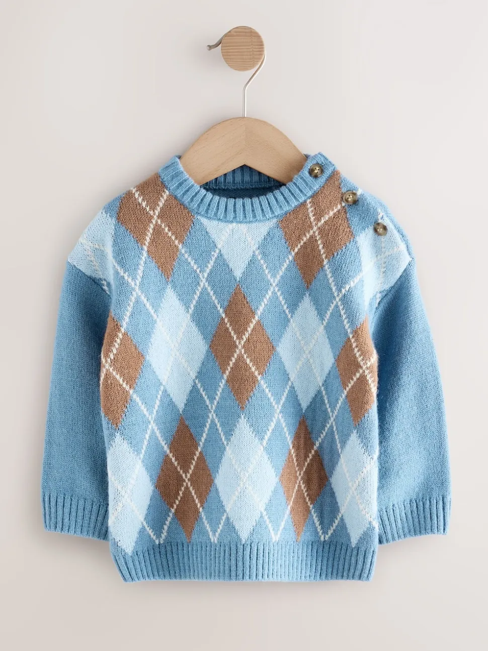 Bleu à losanges - Pull en coton à col rond en maille (3mois -7ans)