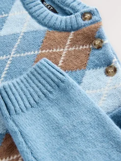 Bleu à losanges - Pull en coton à col rond en maille (3mois -7ans)