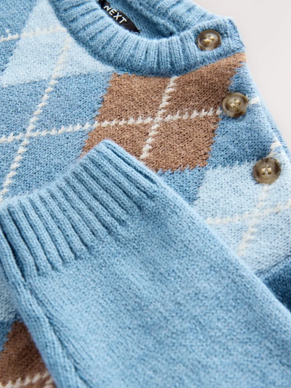 Bleu à losanges - Pull en coton à col rond en maille (3mois -7ans)