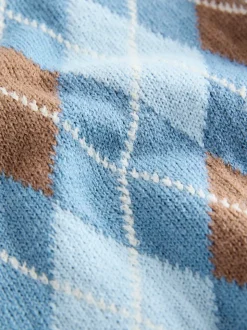 Bleu à losanges - Pull en coton à col rond en maille (3mois -7ans)