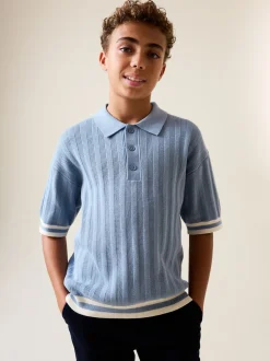 Bleu - Polo en maille à col boutonné (3-16ans)