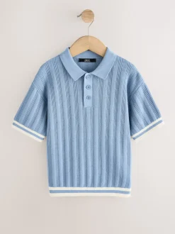 Bleu - Polo en maille à col boutonné (3-16ans)