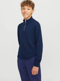 Bleu - Pull JACK & JONES Junior en maille à col zippé