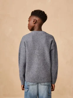 Bleu - Pull texturé en maille à col rond (3-16ans)