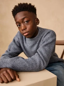 Bleu - Pull texturé en maille à col rond (3-16ans)