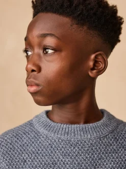 Bleu - Pull texturé en maille à col rond (3-16ans)