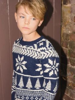 Bleu - The Little Tailor pull de Noël en jacquard bicolore épais pour enfant