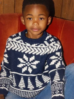 Bleu - The Little Tailor pull de Noël en jacquard bicolore épais pour enfant