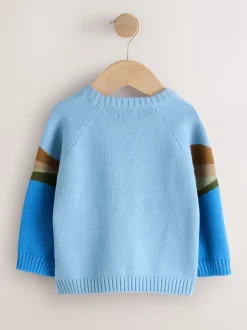 Bleu avec bateaux - Pull col rond en maille (3mois-7ans)