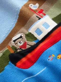 Bleu avec bateaux - Pull col rond en maille (3mois-7ans)