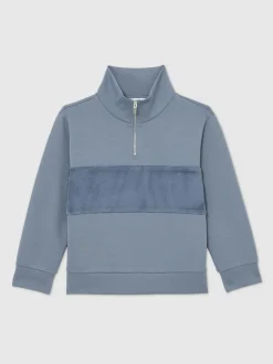 Bleu avio - Reiss Selin Coupe ajustée Half-Zip Col cheminée Velour Sweat-shirt