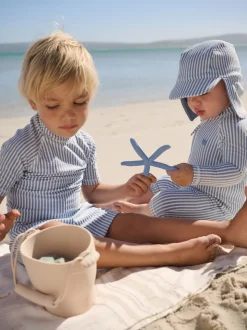 Bleu clair - Ensemble maillot de bain et chapeau anti-soleil rayé (3mois-7ans)