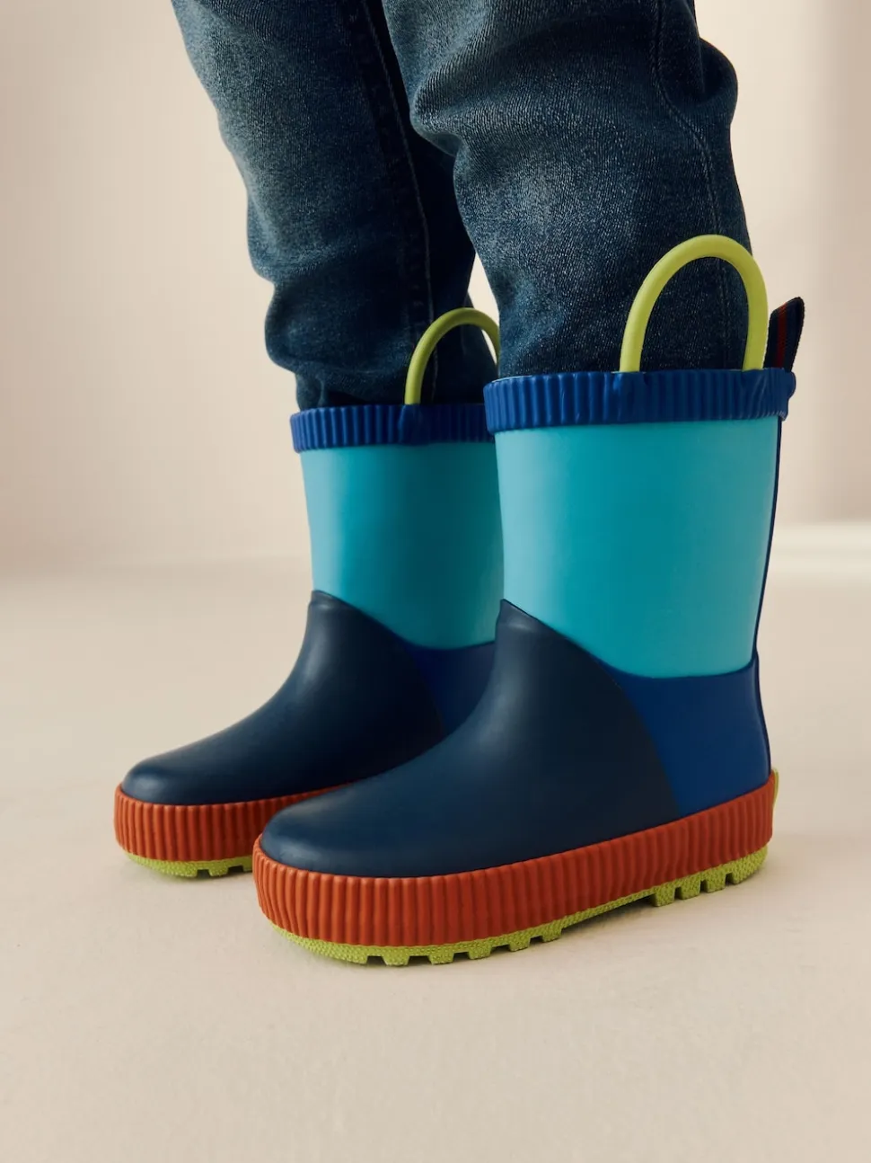 Bleu color block - Bottes de pluie à poignée