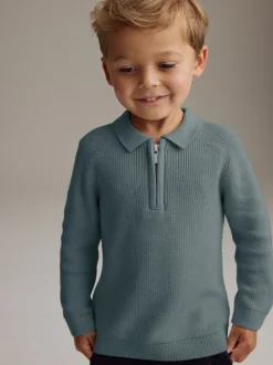 Bleu de sarcelle - Manches longues Quarter Zip Knitted Polos (3mths-7yrs)