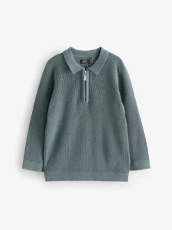 Bleu de sarcelle - Manches longues Quarter Zip Knitted Polos (3mths-7yrs)