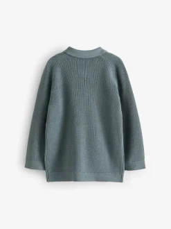 Bleu de sarcelle - Manches longues Quarter Zip Knitted Polos (3mths-7yrs)