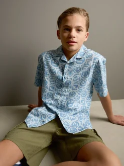 Bleu Face AOP - Chemise imprimée à manches courtes 100% coton Revere (3-16ans)