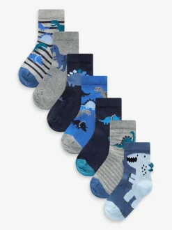 Bleu imprimé dinosaure - Paquet de chaussettes en coton riche 7