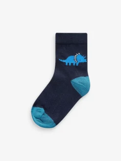 Bleu imprimé dinosaure - Paquet de chaussettes en coton riche 7