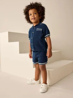 Bleu marine - Ensemble polos et shorts texturés en maille à col révéré (3mois-10ans)