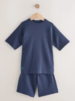 Bleu marine - Ensemble t-shirt et short texturé Manchester Courts (3-16ans)