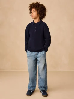 Bleu marine - Polo en maille à col boutonné (3-16ans)