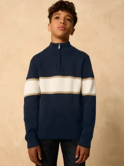 Bleu marine - Pull colorblock en maille à col zippé (3-16ans)