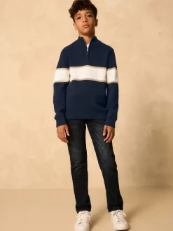 Bleu marine - Pull colorblock en maille à col zippé (3-16ans)