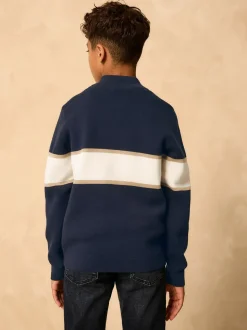 Bleu marine - Pull colorblock en maille à col zippé (3-16ans)