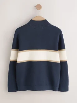 Bleu marine - Pull colorblock en maille à col zippé (3-16ans)